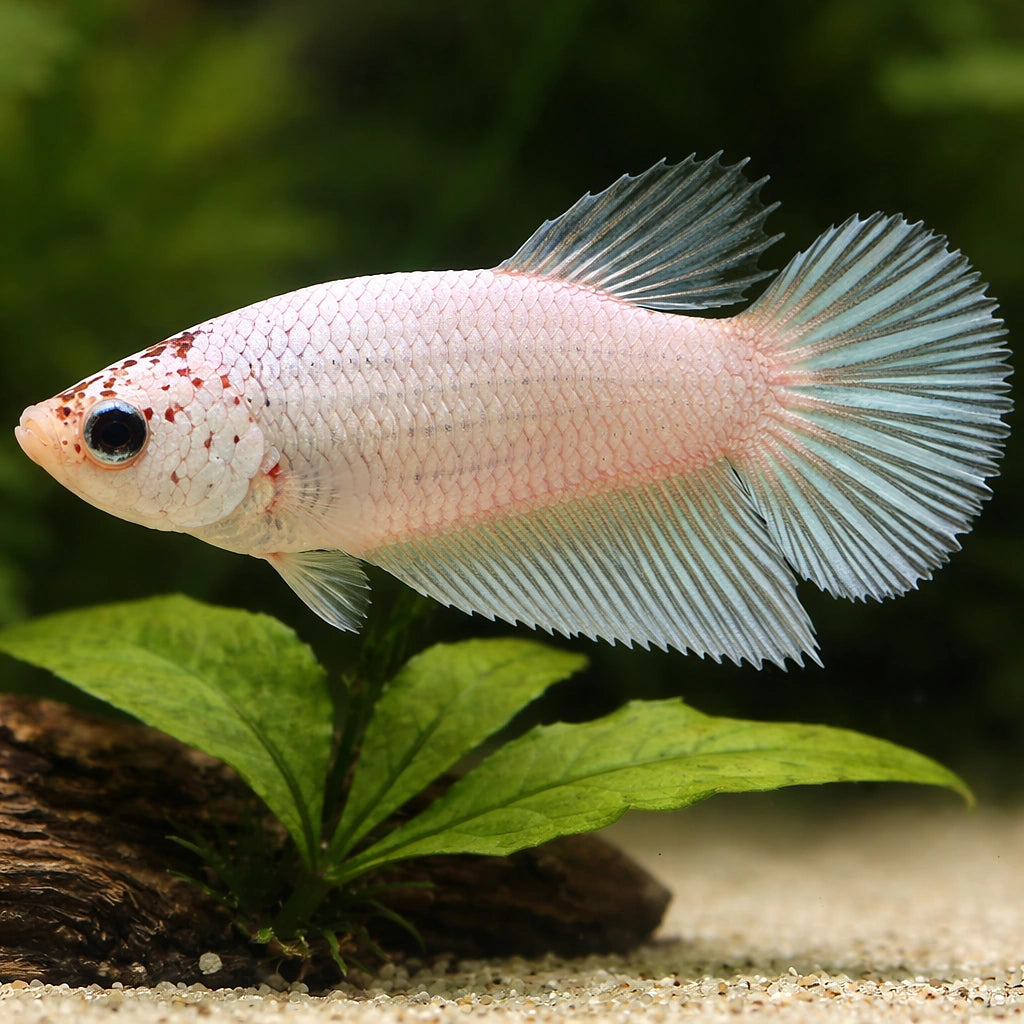 Betta spl. female Halfmoon White XL — tropical fish for sale UK — AI scale plant view