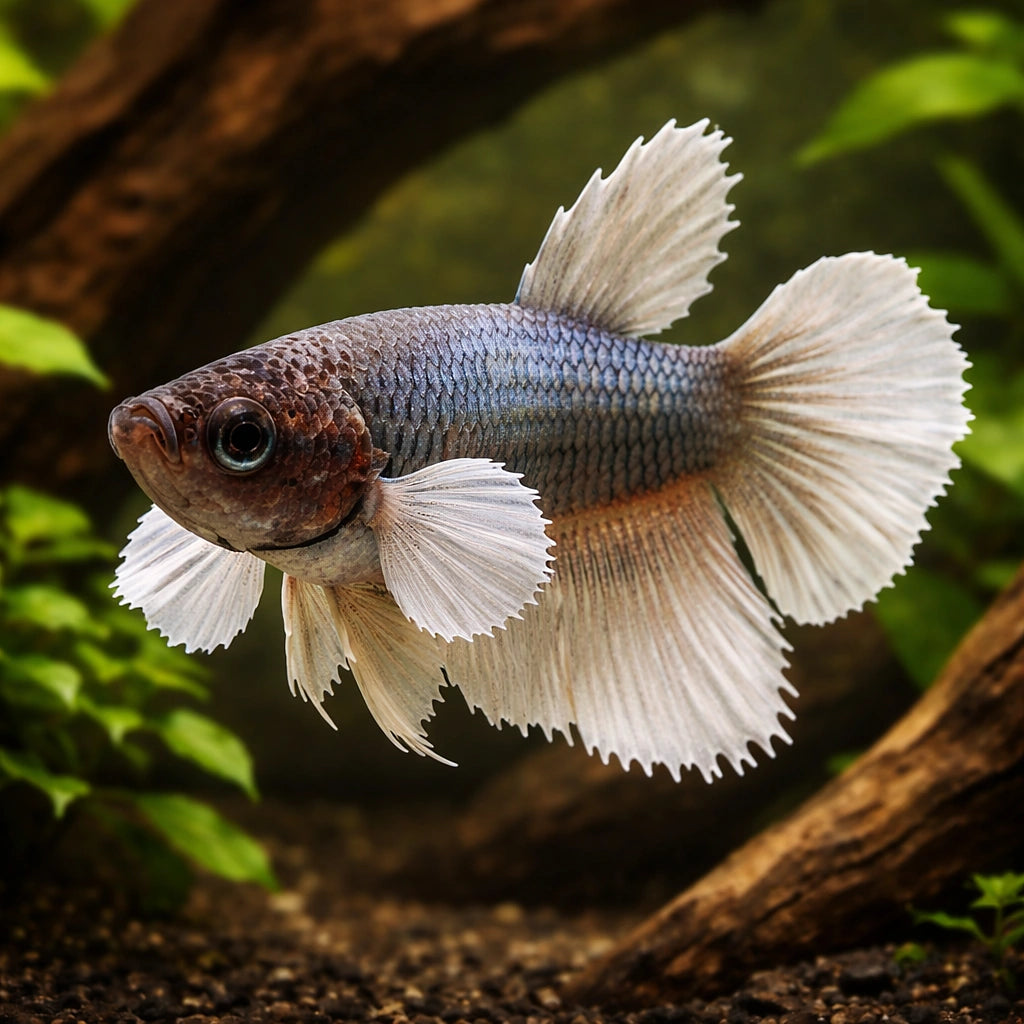 Betta spl. female SuperDelta big ears mix M — tropical fish for sale UK — AI hero driftwood view