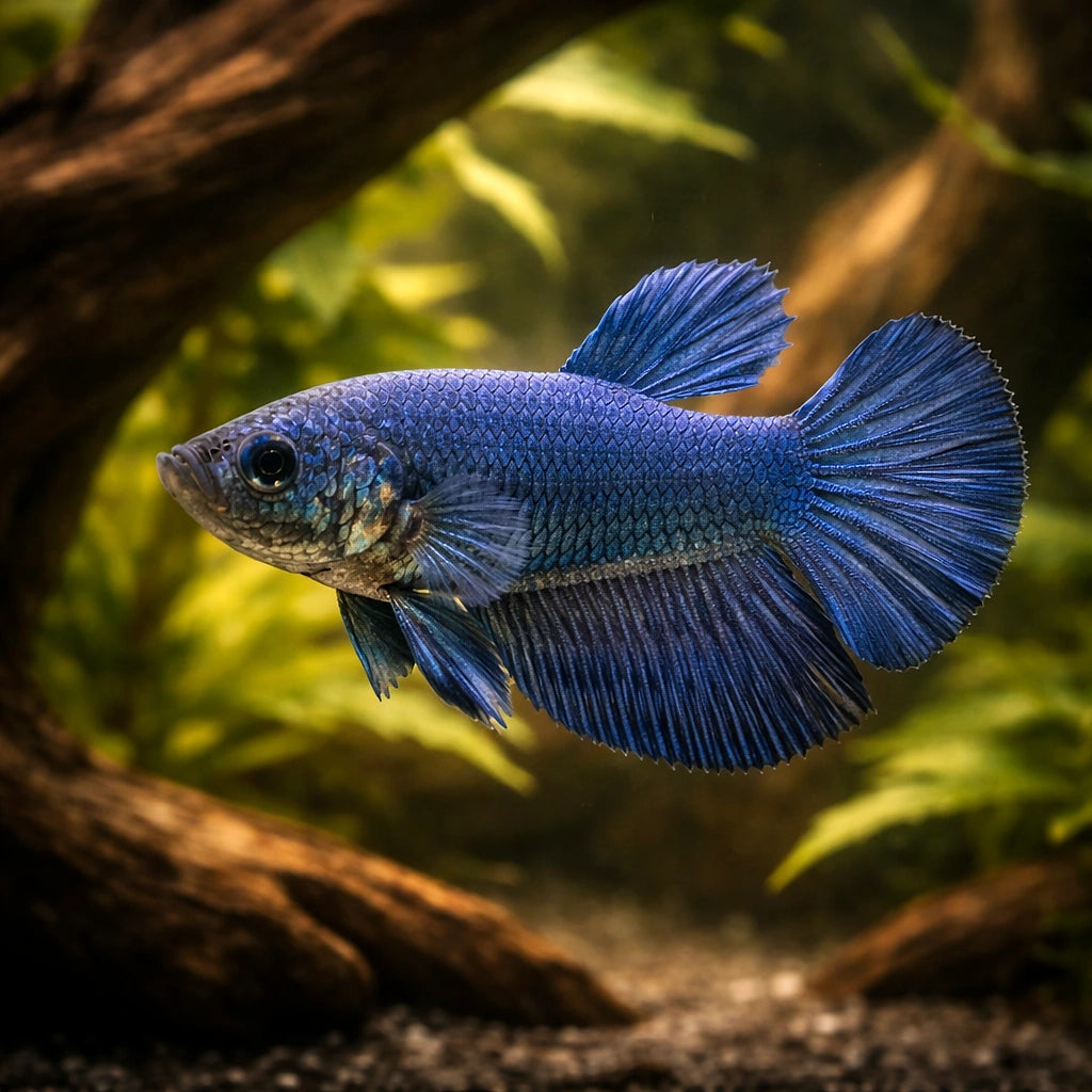 Betta spl. female SuperDelta blue XL — tropical fish for sale UK — AI hero driftwood view