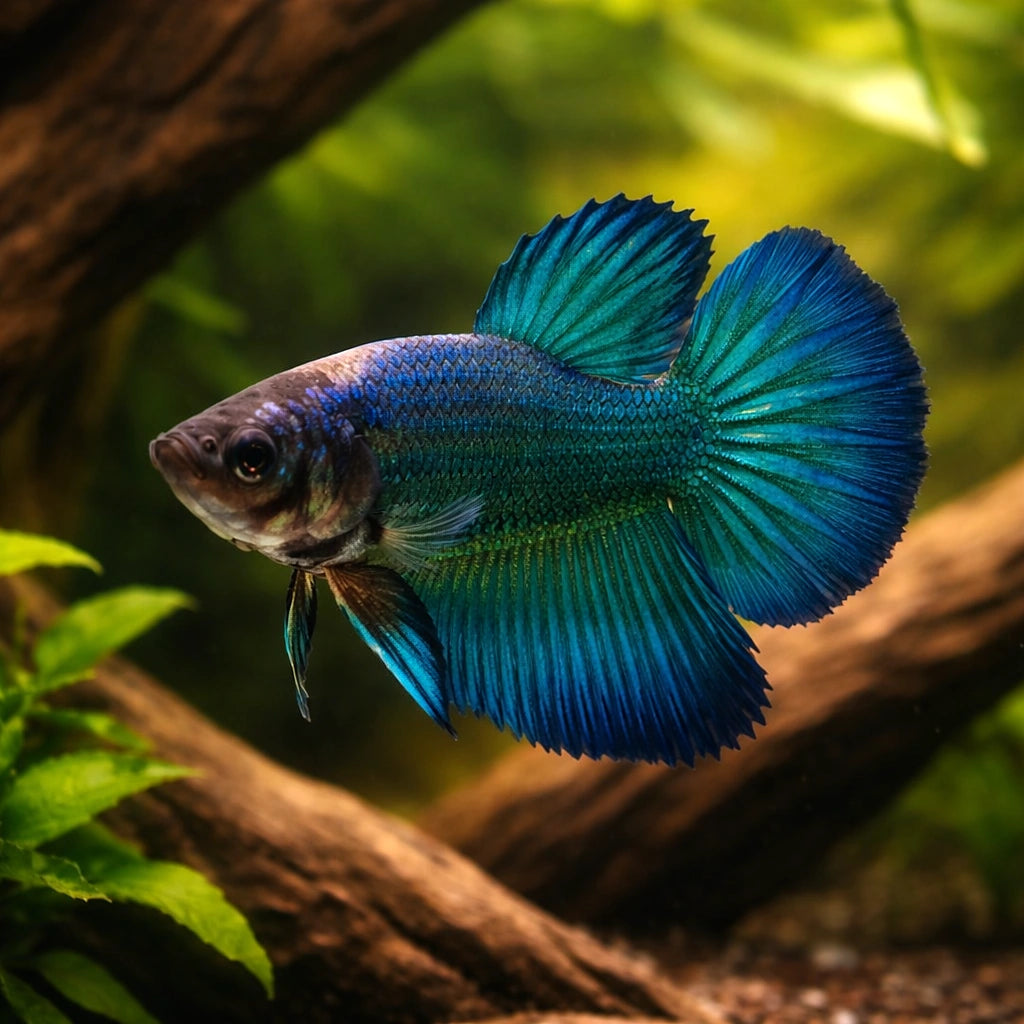 Betta spl. female SuperDelta green XL — tropical fish for sale UK — AI hero driftwood view