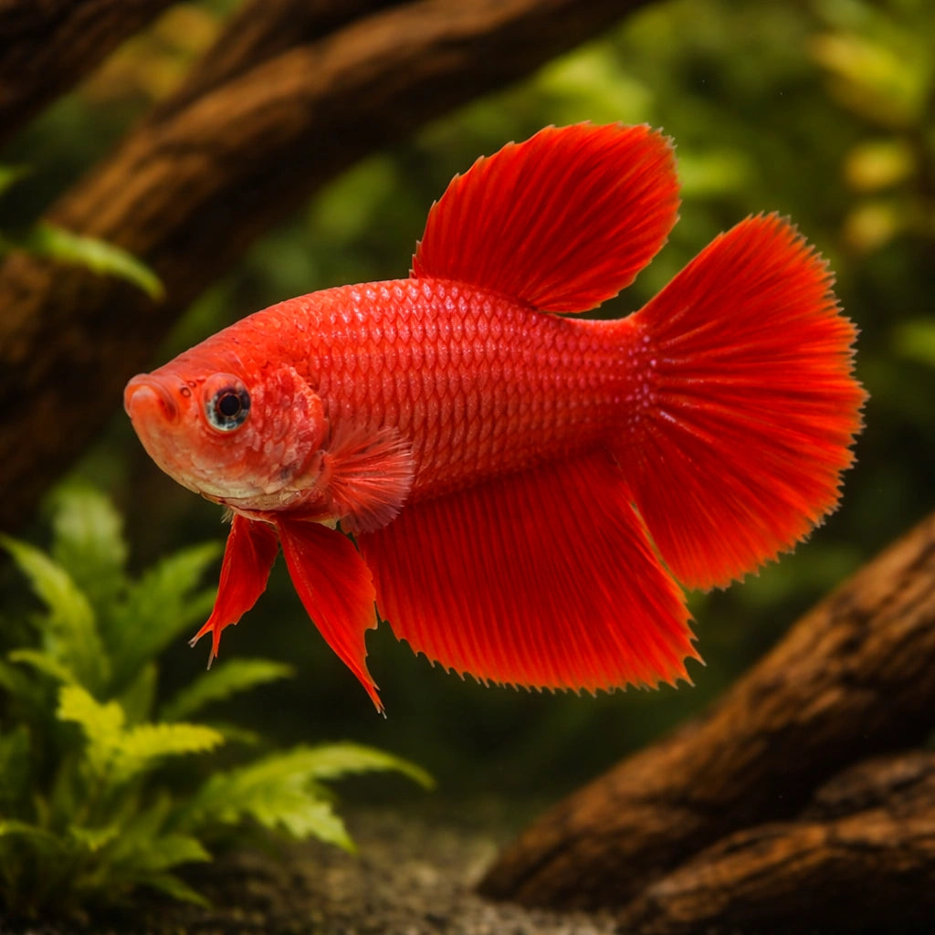 Betta spl. female SuperDelta red XL — tropical fish for sale UK — AI hero driftwood view