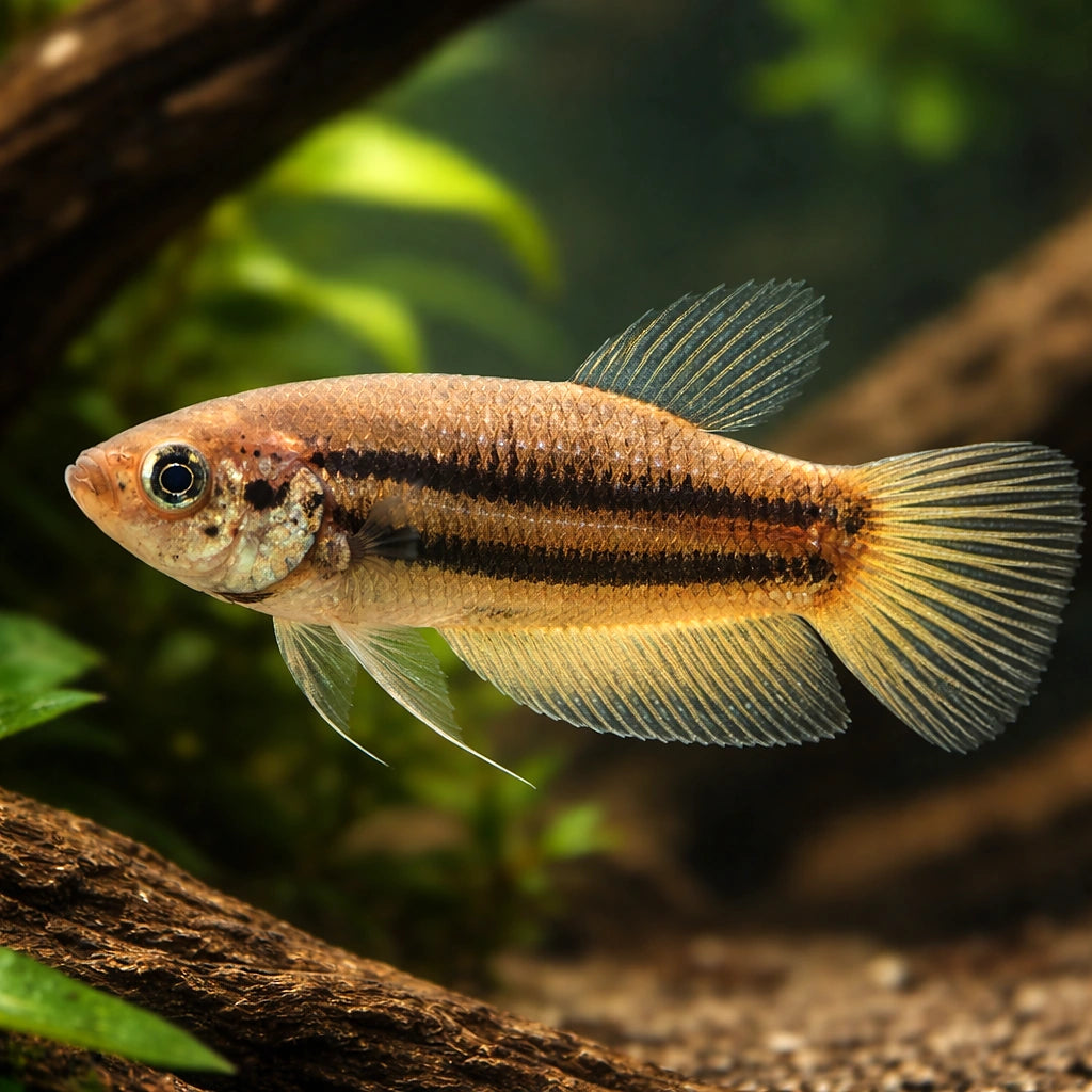 Betta spl. female Wild Imbellis yellow tail L — tropical fish for sale UK — AI hero driftwood view
