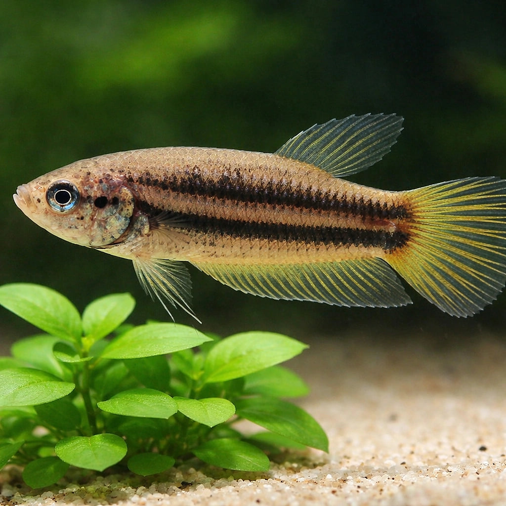 Betta spl. female Wild Imbellis yellow tail L — tropical fish for sale UK — AI scale plant view