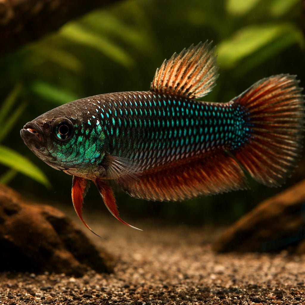 Betta spl. female Wild Smaragdina Guitar L — tropical fish for sale UK — AI hero driftwood view