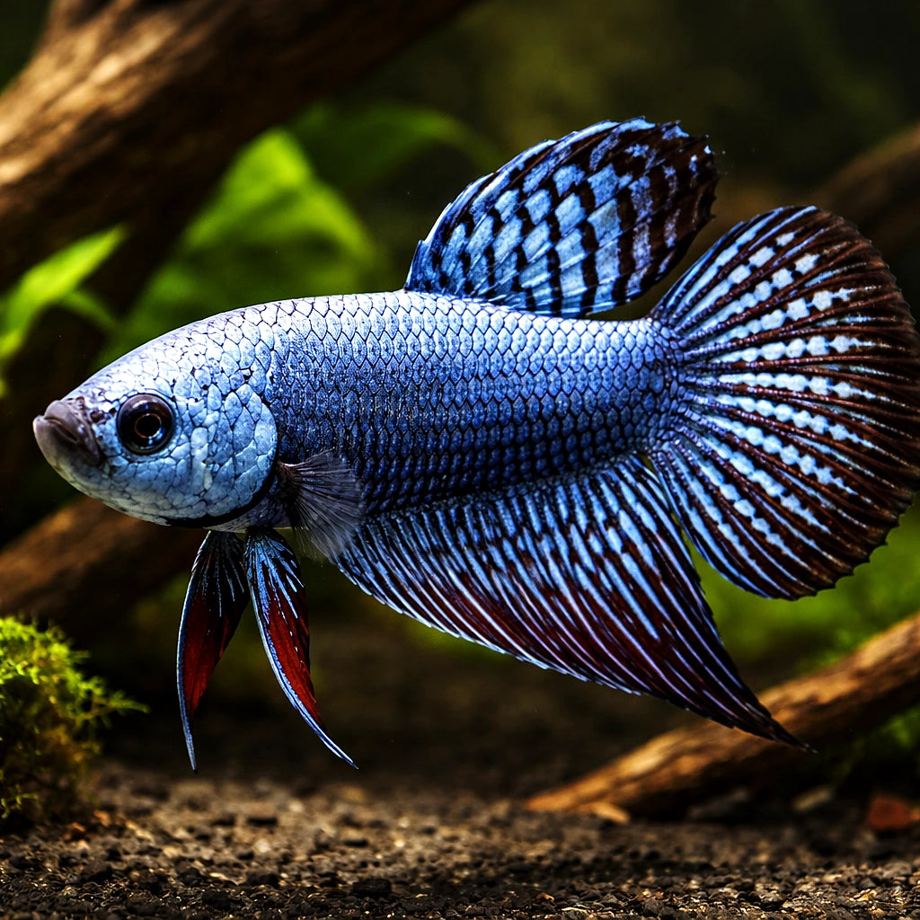 Betta spl. male Alien blue L — tropical fish for sale UK — AI hero driftwood view