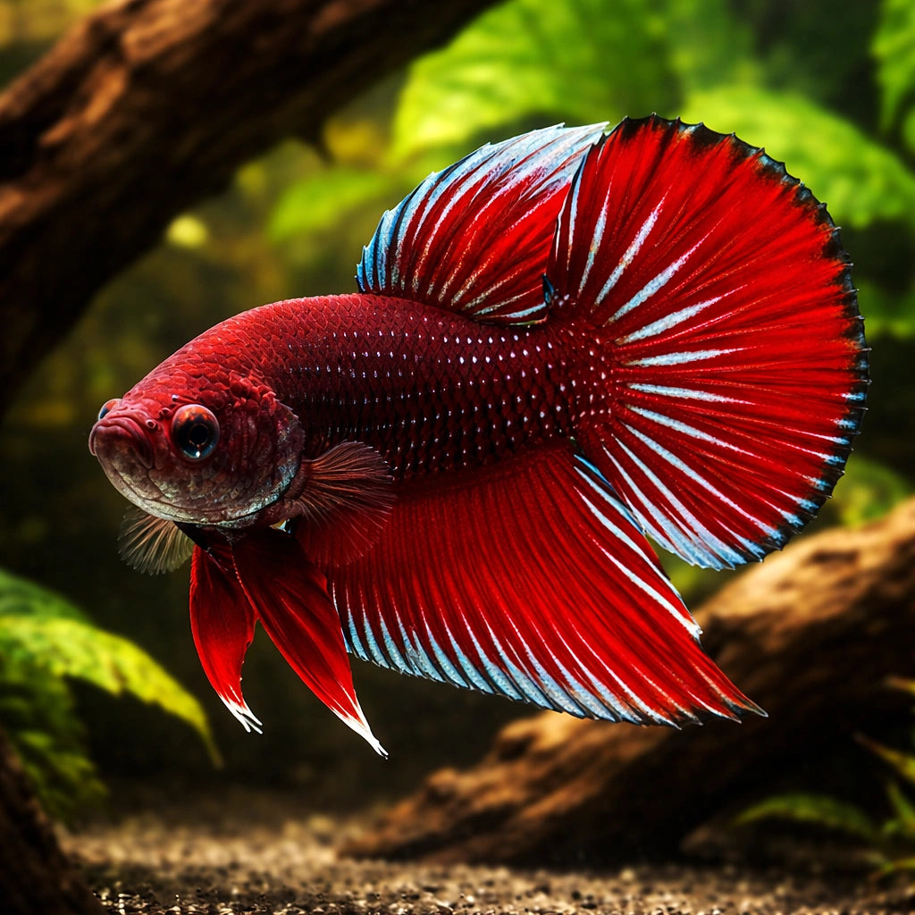 Betta spl. male Benjarong red L — tropical fish for sale UK — AI hero driftwood view