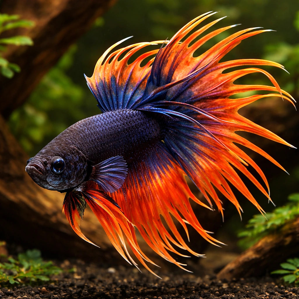 Betta spl. male crowntail bicolor XL — tropical fish for sale UK — AI hero driftwood view