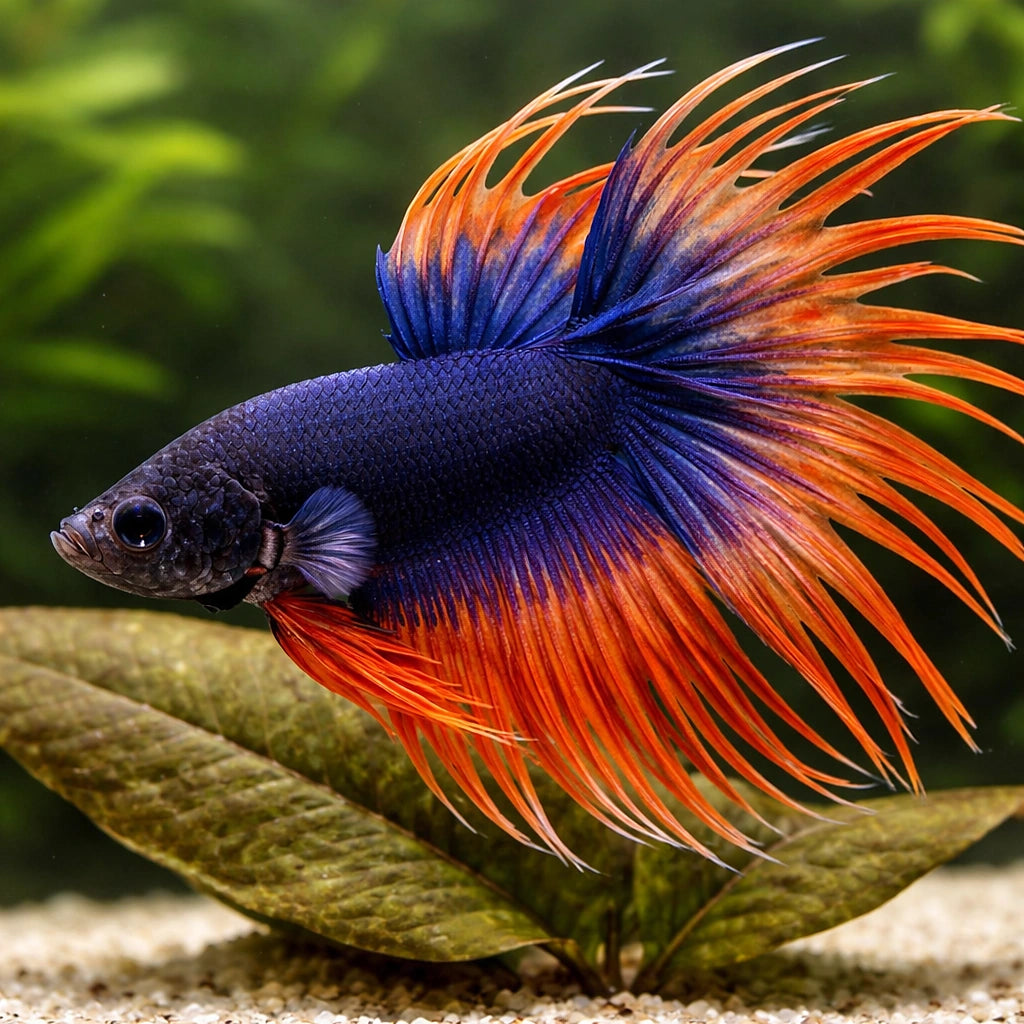 Betta spl. male crowntail bicolor XL — tropical fish for sale UK — AI scale plant view