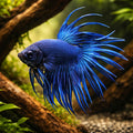 Betta spl. male crowntail blue XL — tropical fish for sale UK — AI hero driftwood view