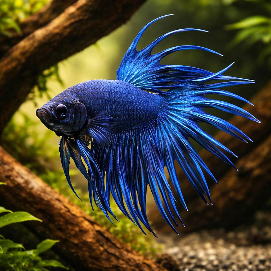 Betta spl. male crowntail blue XL — tropical fish for sale UK — AI hero driftwood view