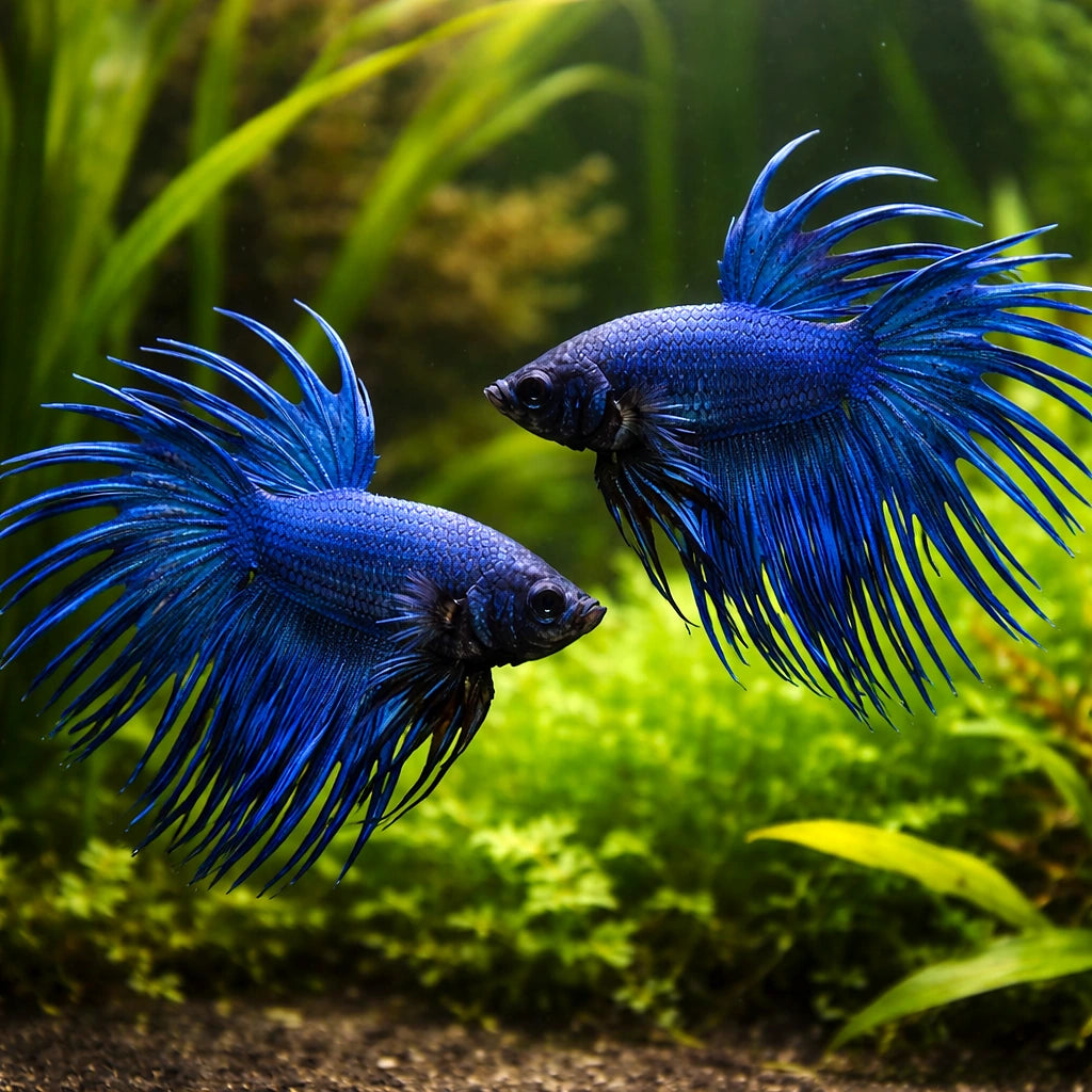 Betta spl. male crowntail blue XL — tropical fish for sale UK — AI pair planted view