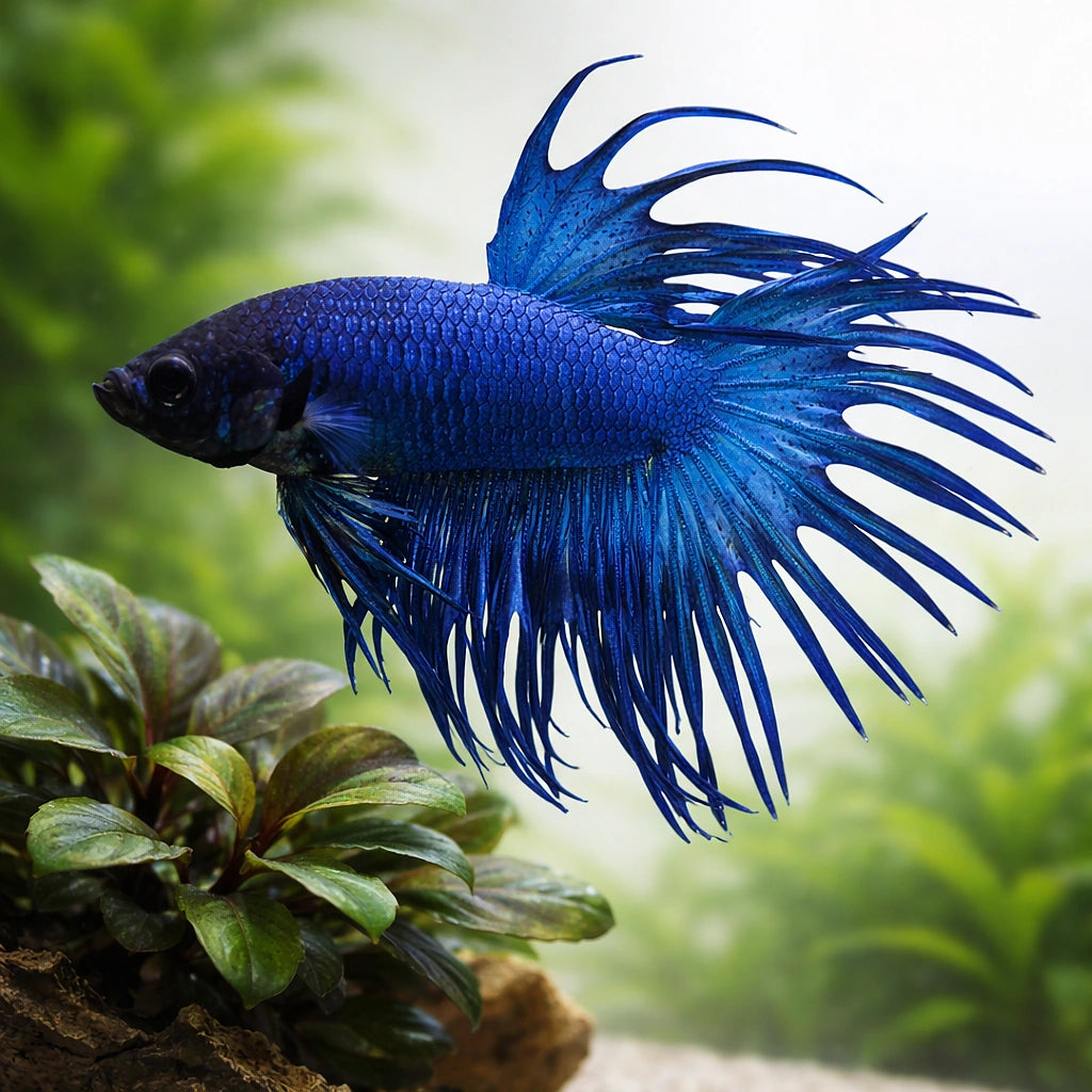 Betta spl. male crowntail blue XL — tropical fish for sale UK — AI scale plant view