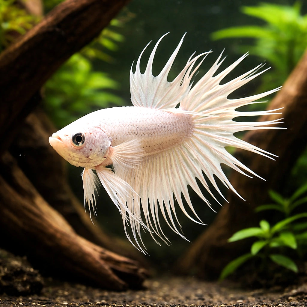 Betta spl. male crowntail white L — tropical fish for sale UK — AI hero driftwood view
