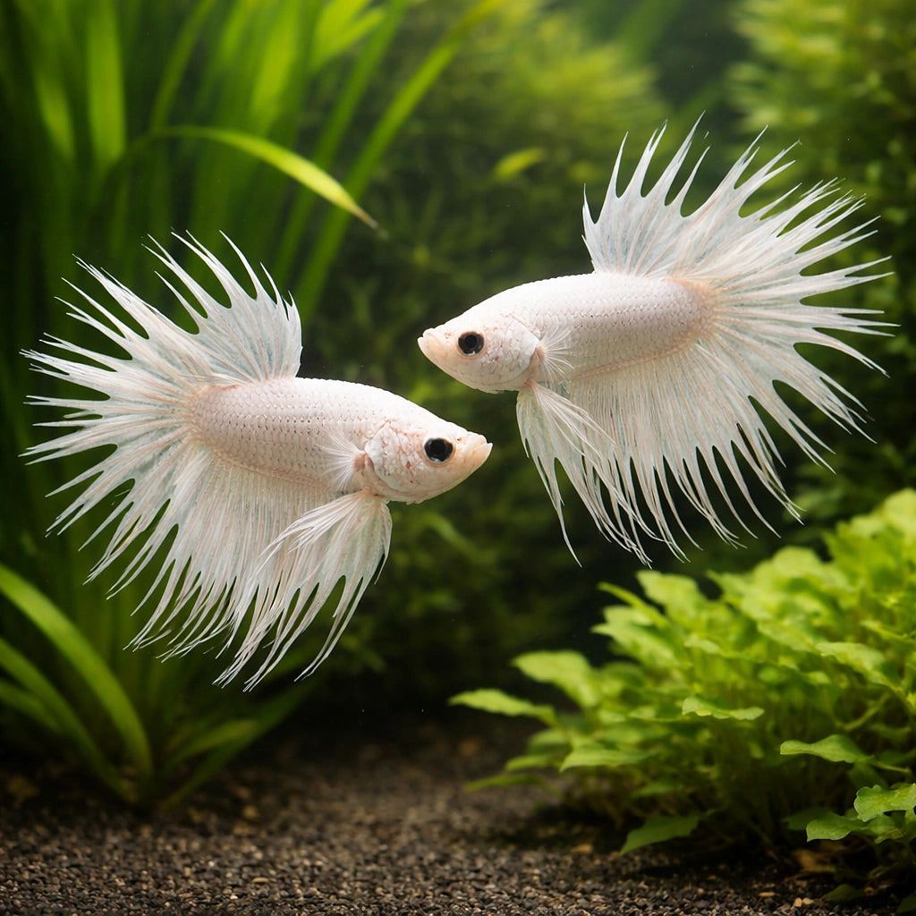 Betta spl. male crowntail white L — tropical fish for sale UK — AI pair planted view