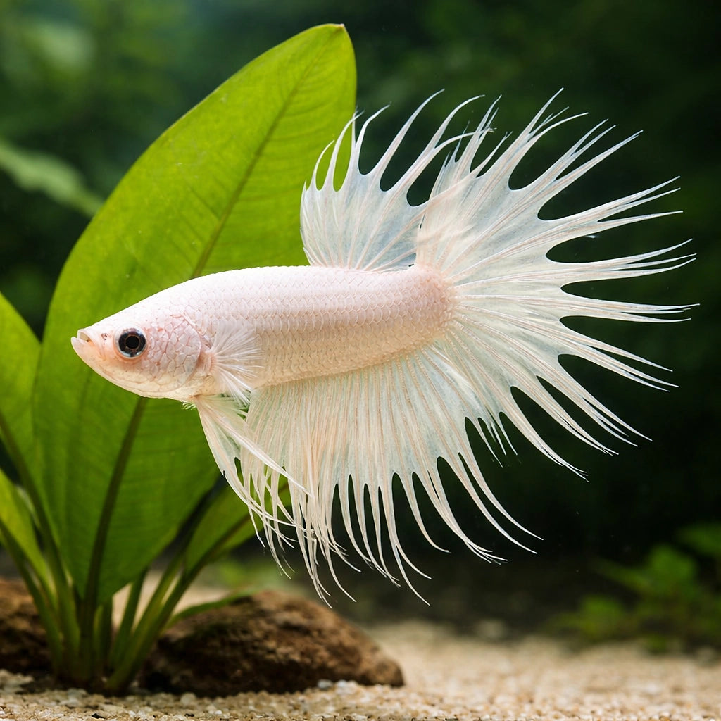 Betta spl. male crowntail white L — tropical fish for sale UK — AI scale plant view
