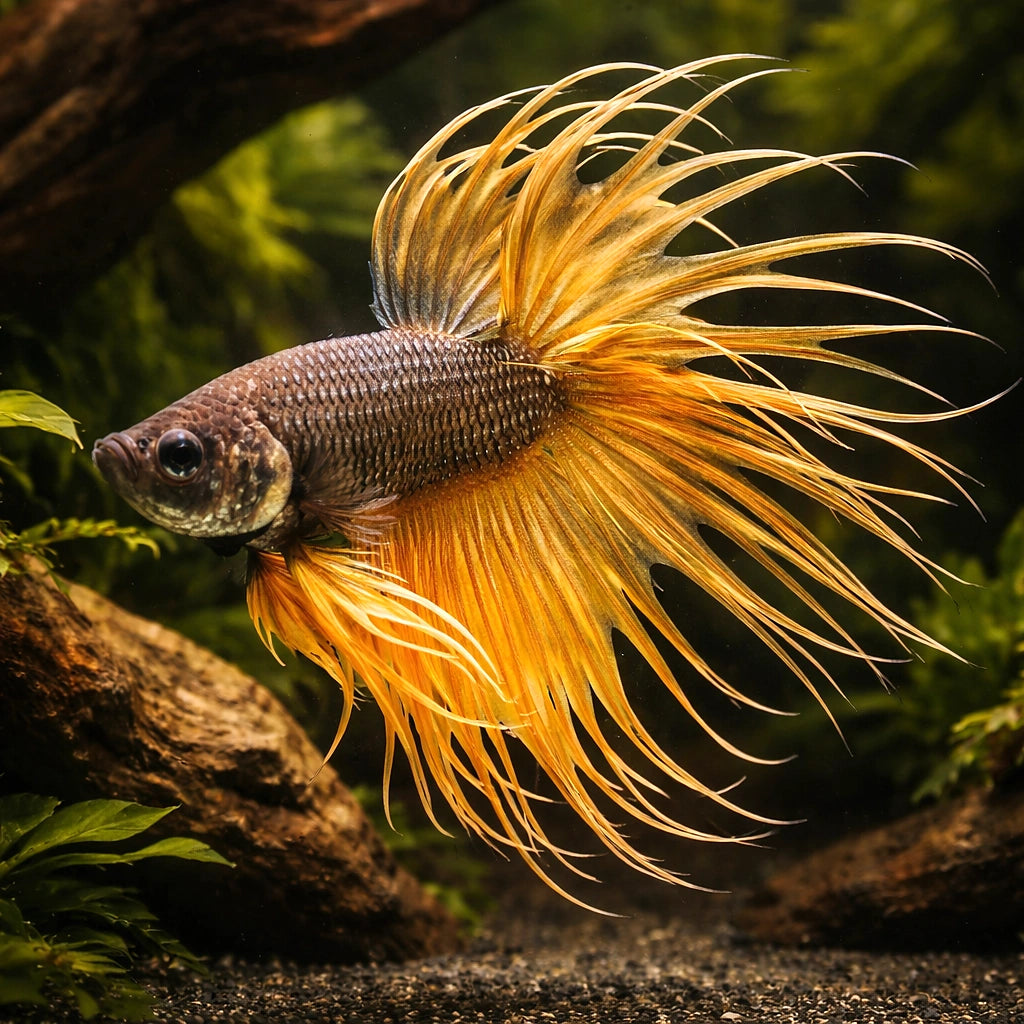 Betta spl. male crowntail yellow S — tropical fish for sale UK — AI hero driftwood view
