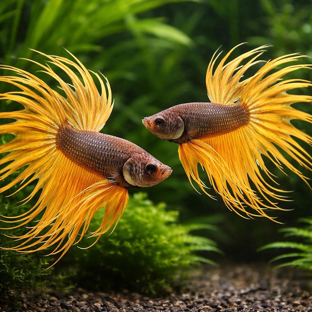 Betta spl. male crowntail yellow S — tropical fish for sale UK — AI pair planted view