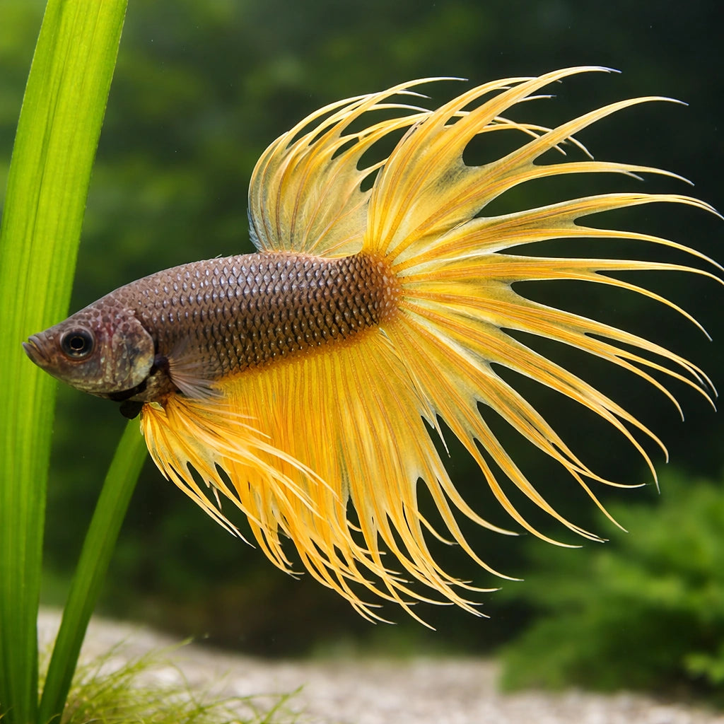 Betta spl. male crowntail yellow S — tropical fish for sale UK — AI scale plant view