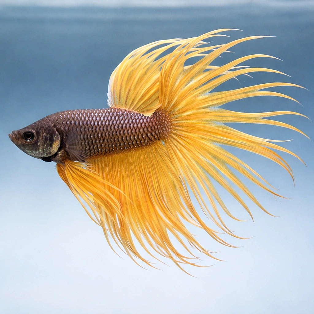 Betta spl. male crowntail yellow S — tropical fish for sale UK — AI side clean view