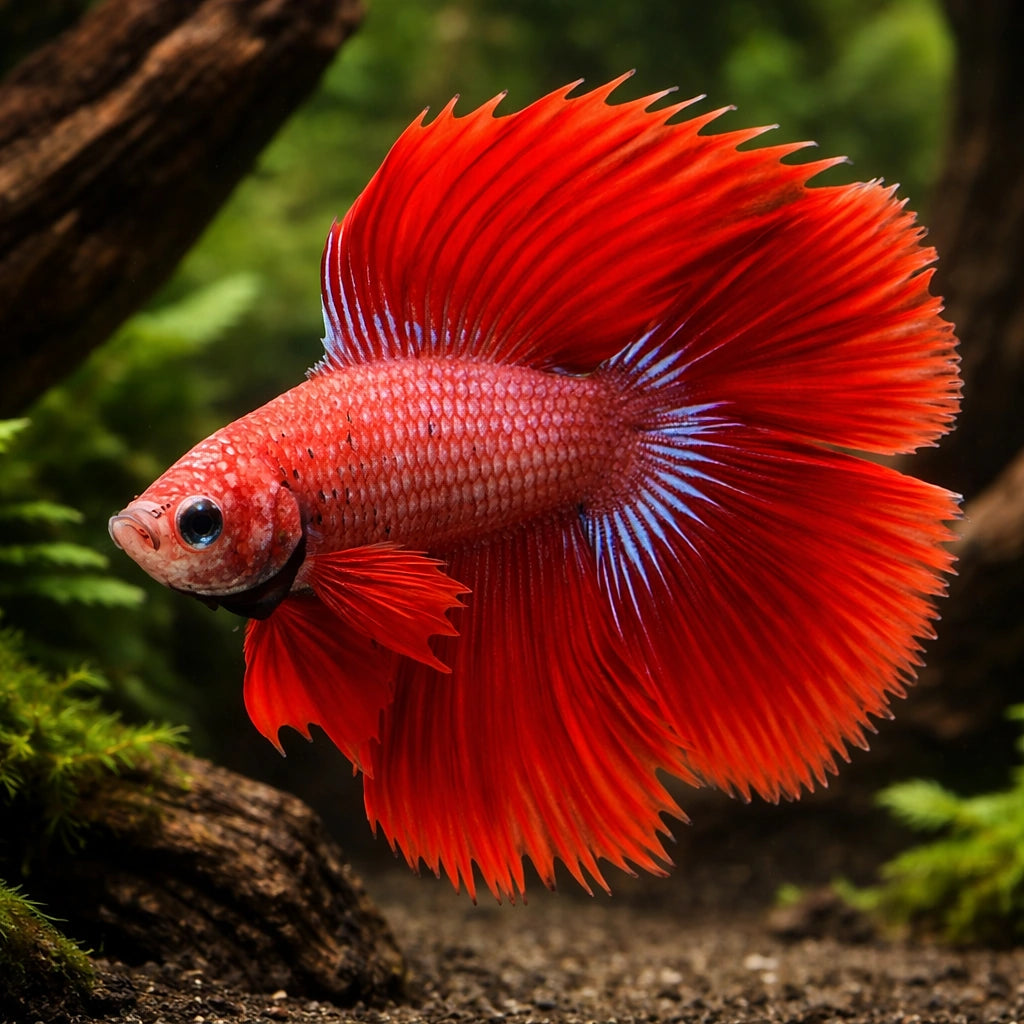 Betta spl. male double tail red XL — tropical fish for sale UK — AI hero driftwood view