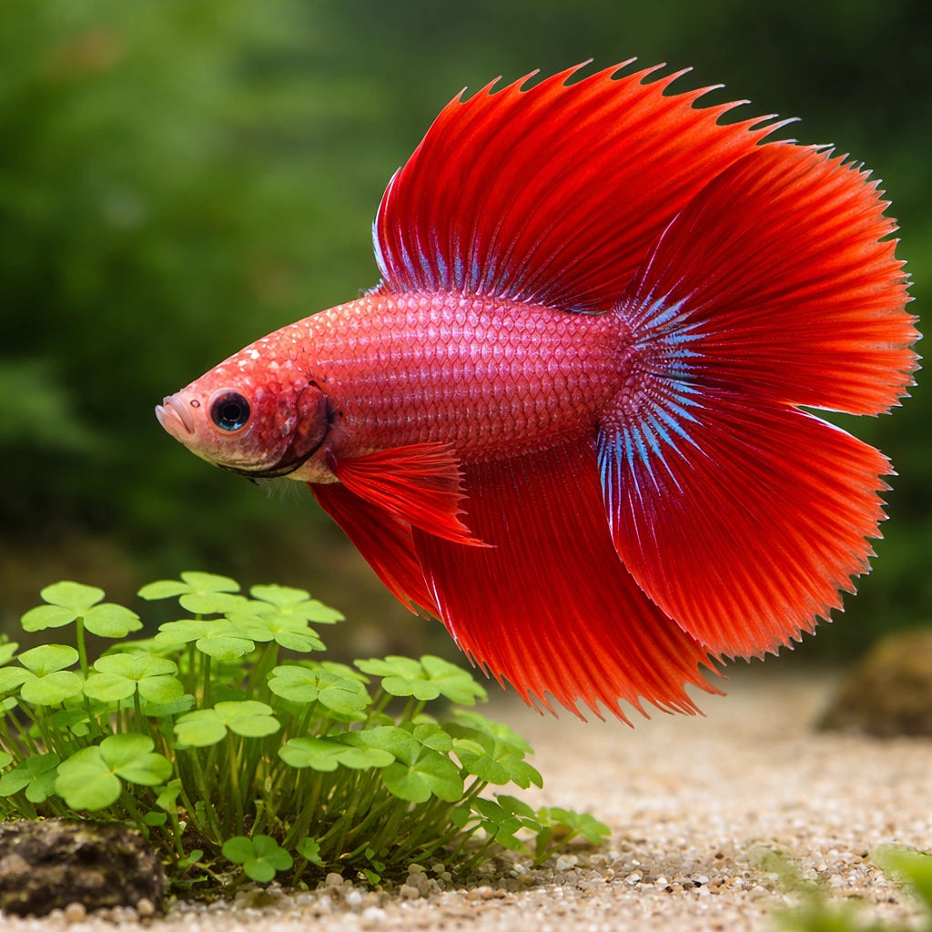 Betta spl. male double tail red XL — tropical fish for sale UK — AI scale plant view