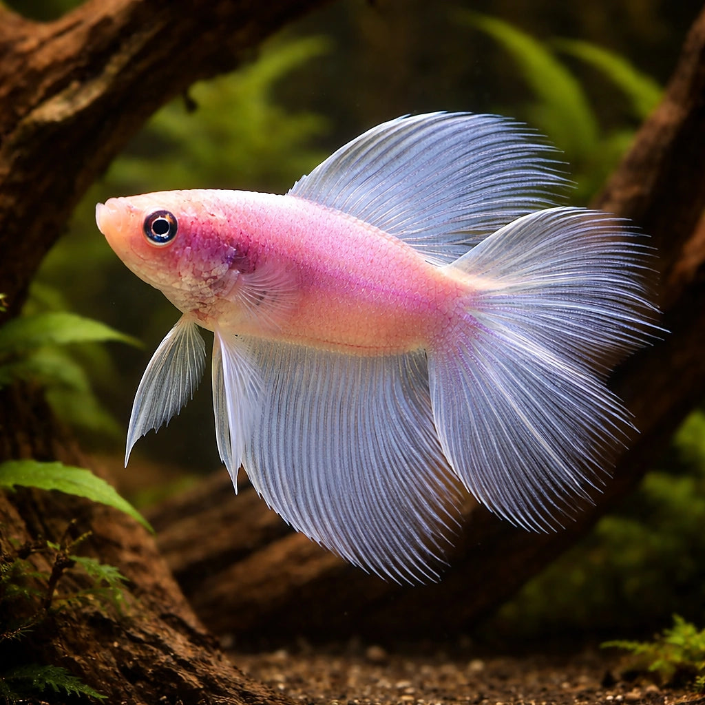 Betta spl. male double tail white XL — tropical fish for sale UK — AI hero driftwood view
