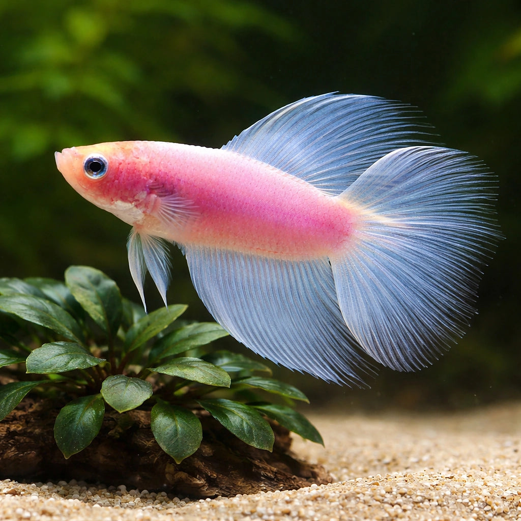 Betta spl. male double tail white XL — tropical fish for sale UK — AI scale plant view