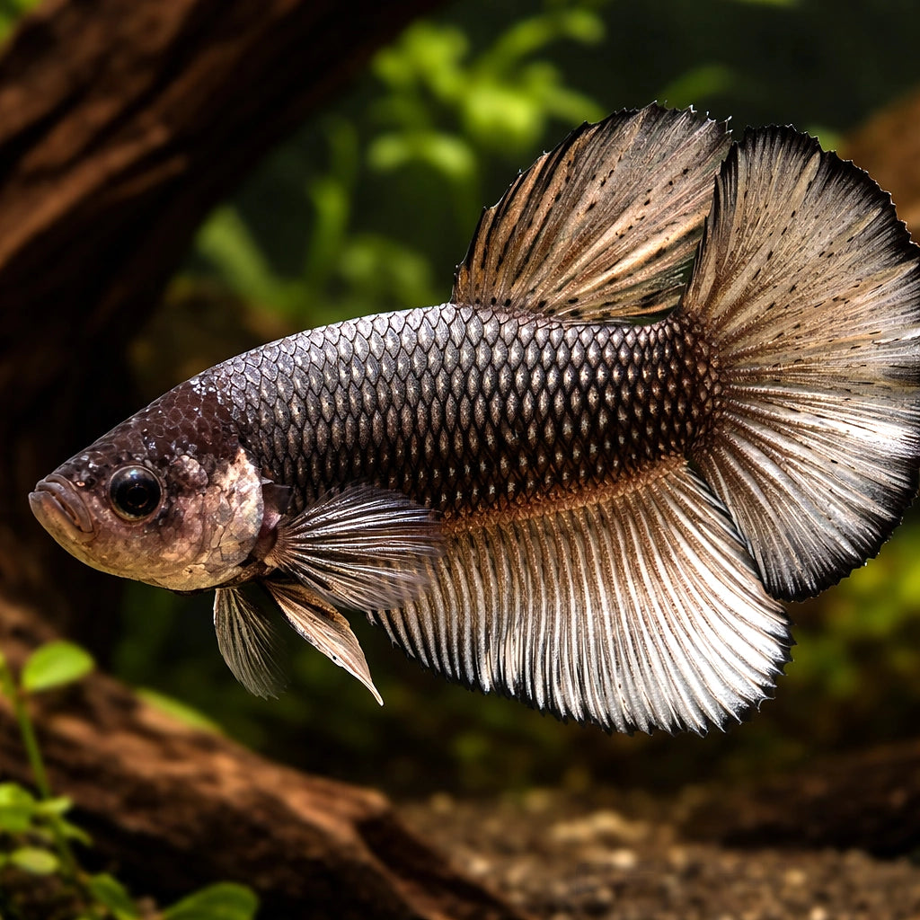 Betta spl. male giant dragon copper XL — tropical fish for sale UK — AI hero driftwood view