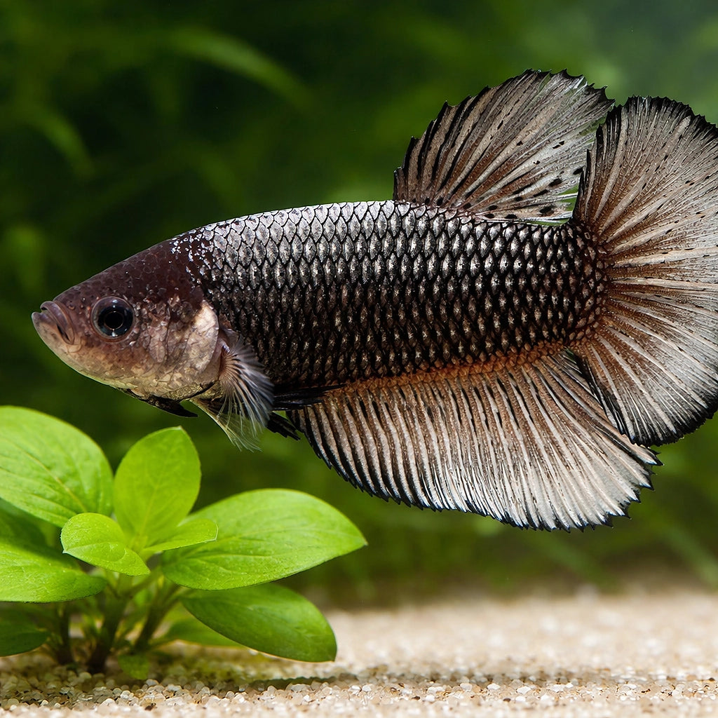 Betta spl. male giant dragon copper XL — tropical fish for sale UK — AI scale plant view