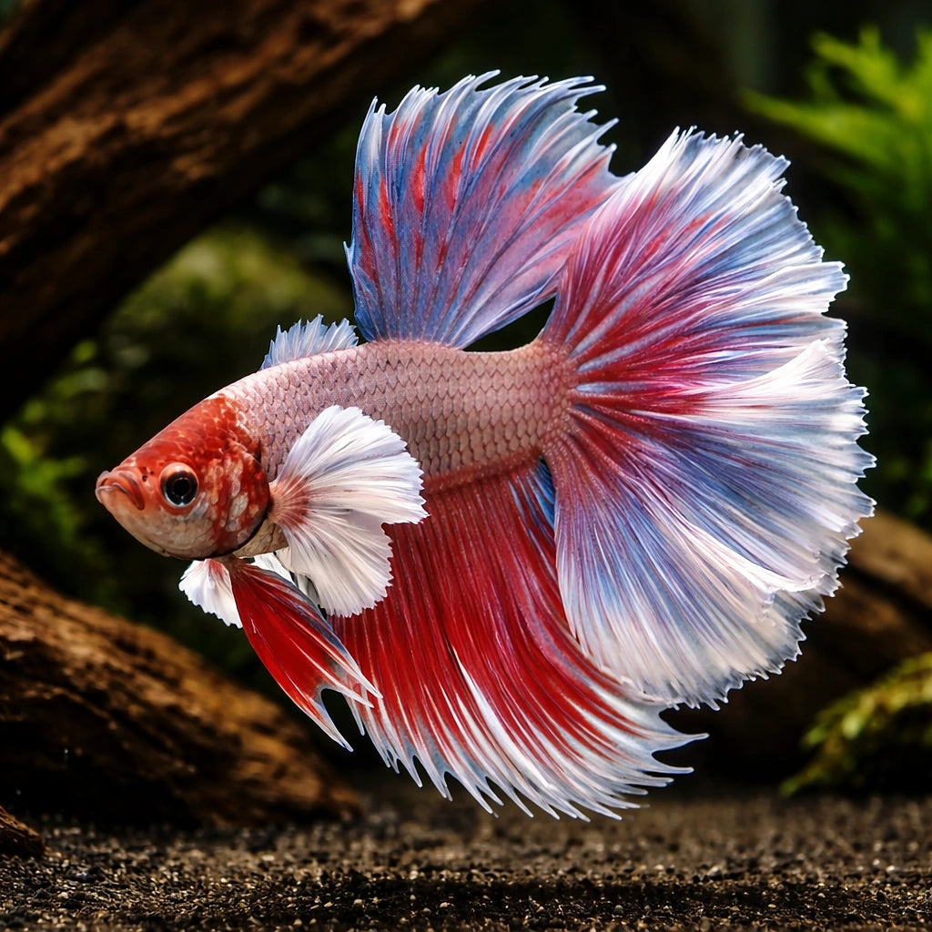 Betta spl. male halfmoon bicolor big ears XL — tropical fish for sale UK — AI hero driftwood view