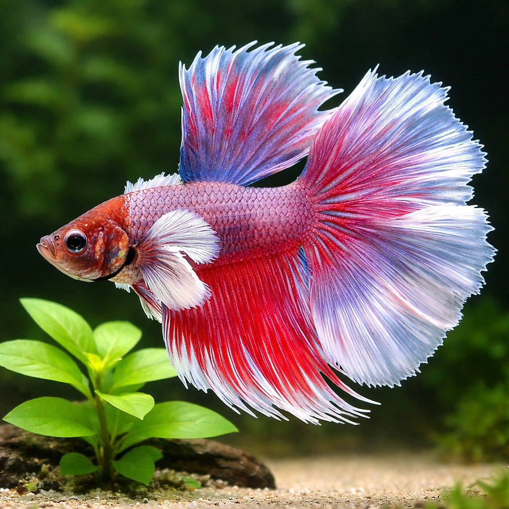 Betta spl. male halfmoon bicolor big ears XL — tropical fish for sale UK — AI scale plant view