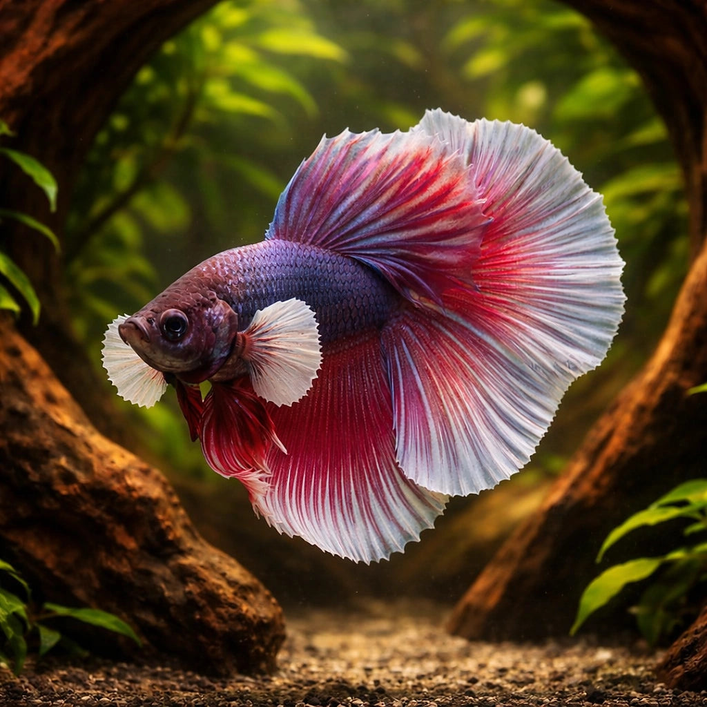 Betta spl. male halfmoon big ears XL — tropical fish for sale UK — AI hero driftwood view