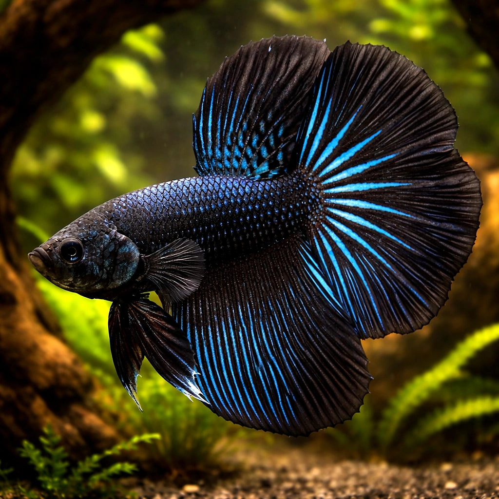 Betta spl. male halfmoon black orchid XL — tropical fish for sale UK — AI hero driftwood view