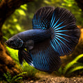 Betta spl. male halfmoon black orchid XL — tropical fish for sale UK — AI hero driftwood view