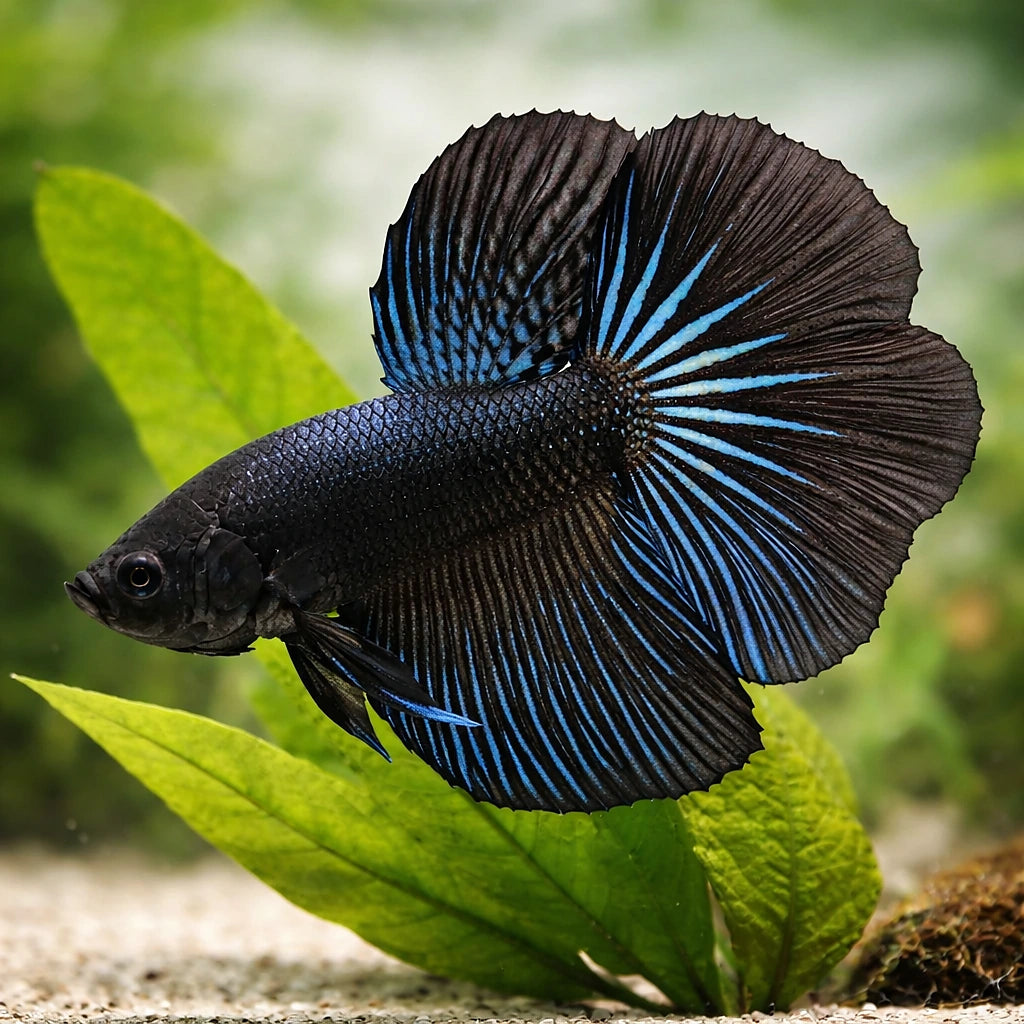 Betta spl. male halfmoon black orchid XL — tropical fish for sale UK — AI scale plant view