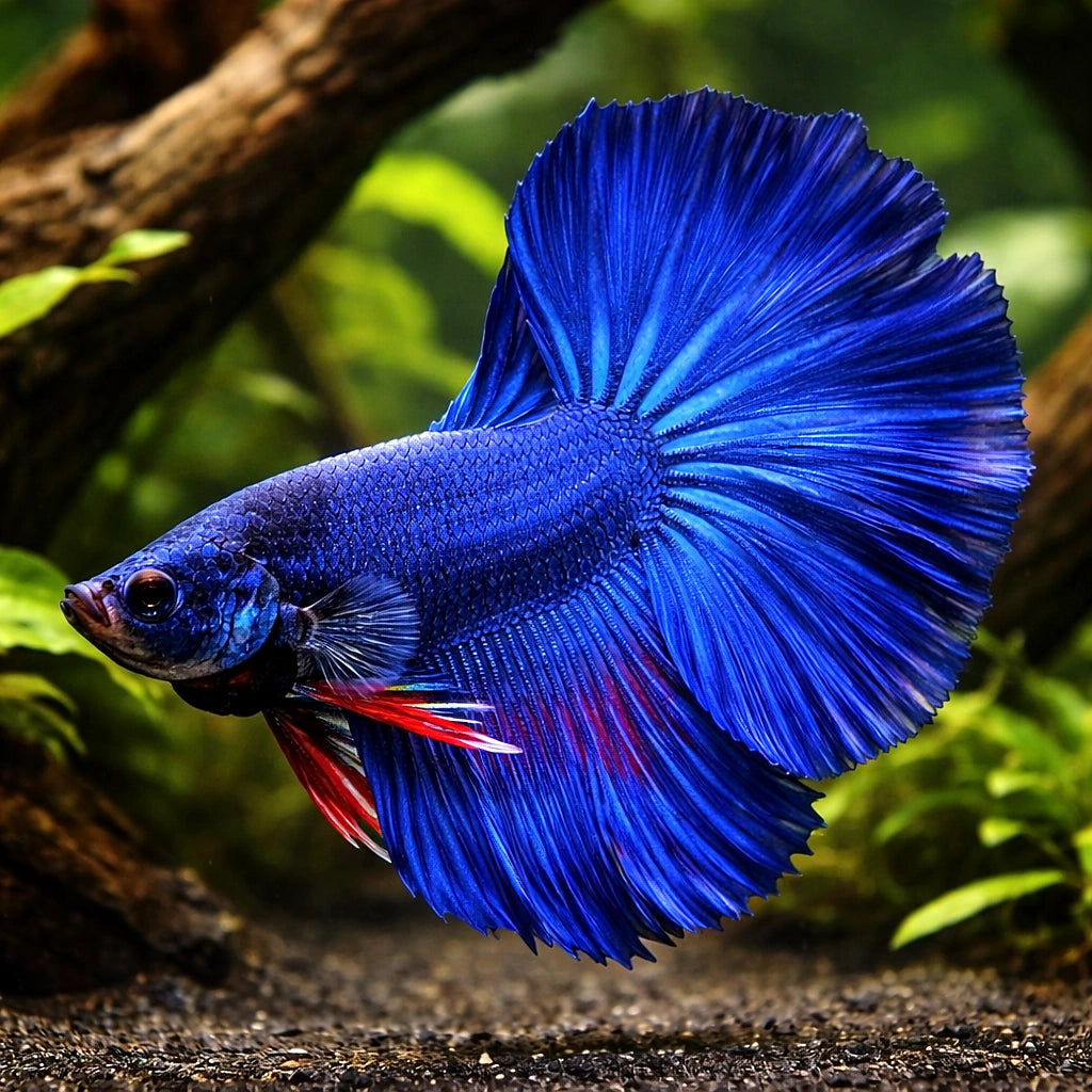Betta spl. male halfmoon blue XL — tropical fish for sale UK — AI hero driftwood view
