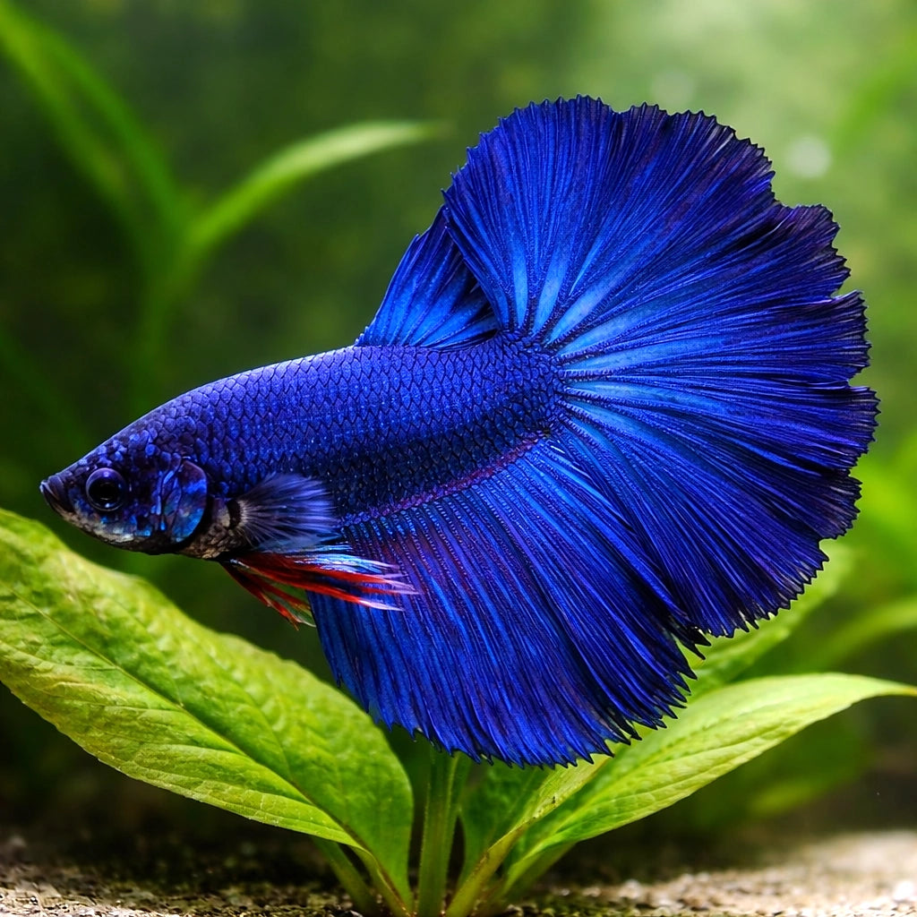 Betta spl. male halfmoon blue XL — tropical fish for sale UK — AI scale plant view