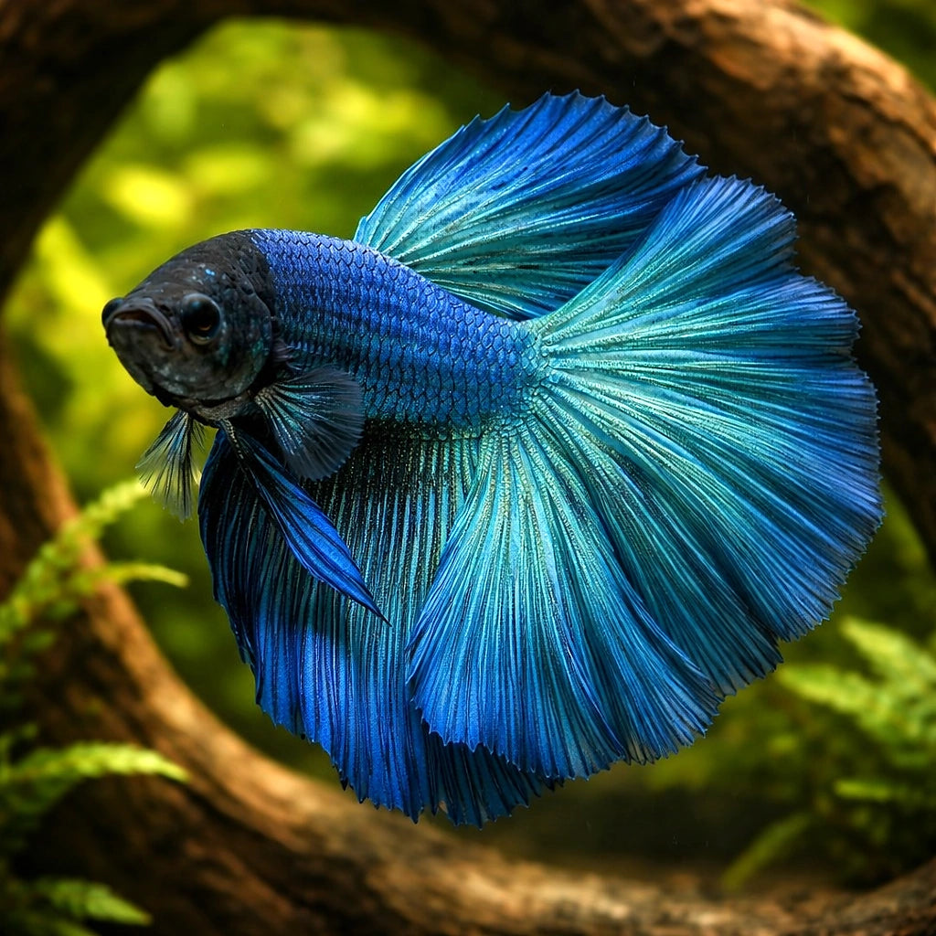 Betta spl. male Halfmoon green XL — tropical fish for sale UK — AI hero driftwood view