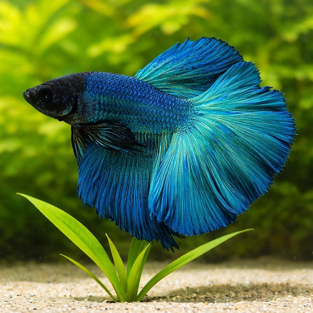 Betta spl. male Halfmoon green XL — tropical fish for sale UK — AI scale plant view