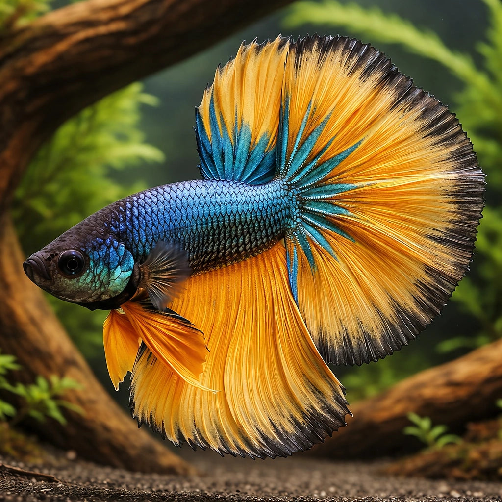 Betta spl. male Halfmoon Mustard XL — tropical fish for sale UK — AI hero driftwood view