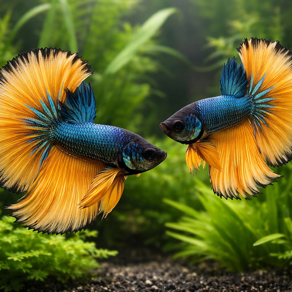 Betta spl. male Halfmoon Mustard XL — tropical fish for sale UK — AI pair planted view