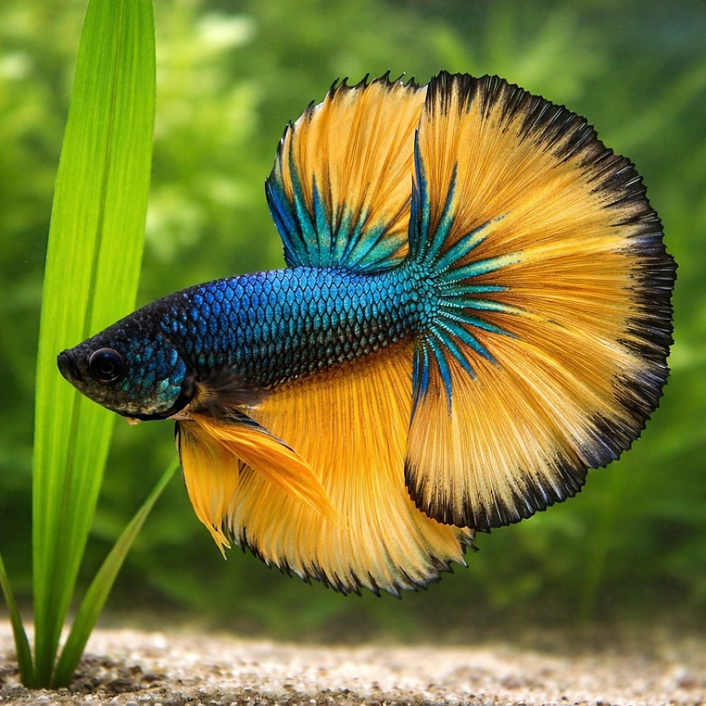 Betta spl. male Halfmoon Mustard XL — tropical fish for sale UK — AI scale plant view