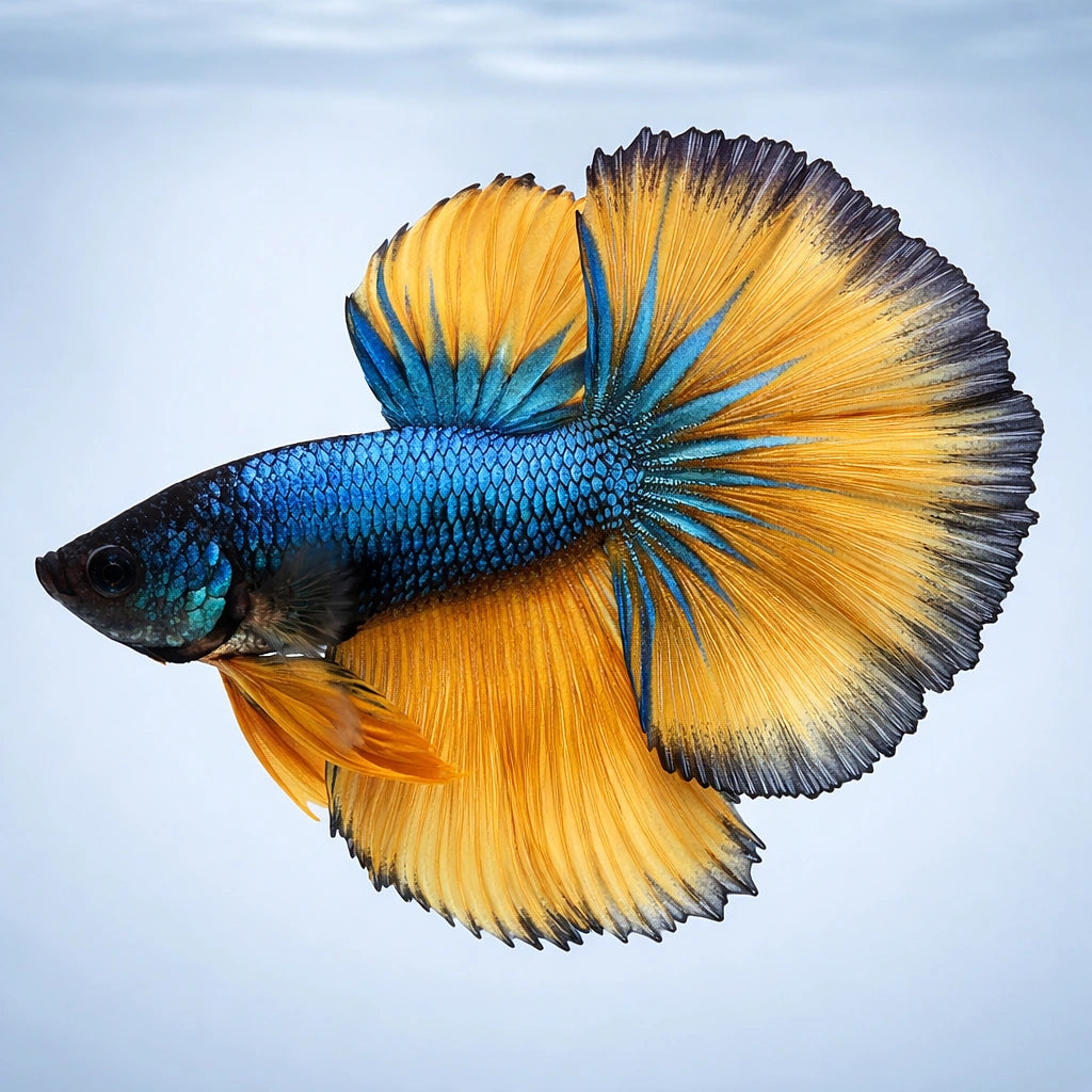 Betta spl. male Halfmoon Mustard XL — tropical fish for sale UK — AI side clean view