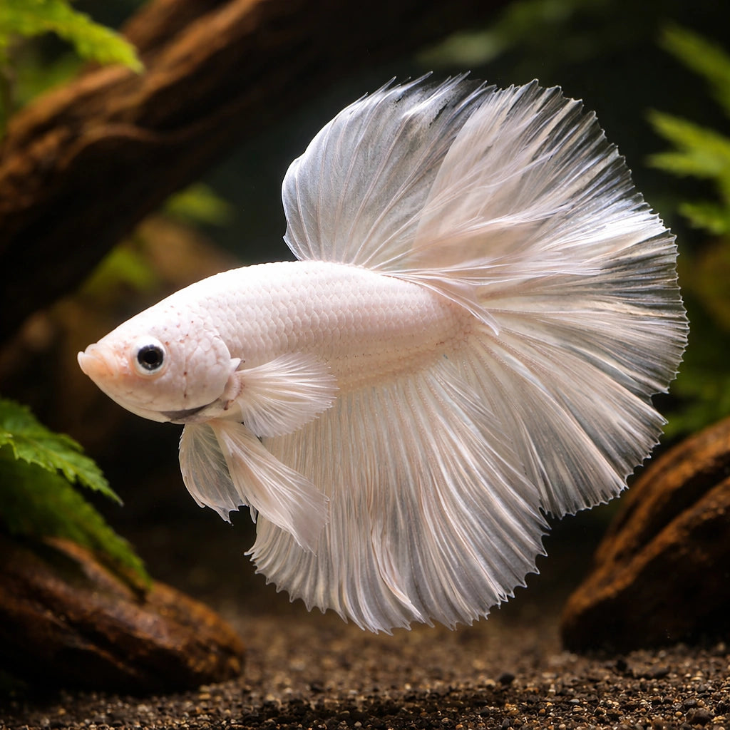 Betta spl. male halfmoon platinum XL — tropical fish for sale UK — AI hero driftwood view