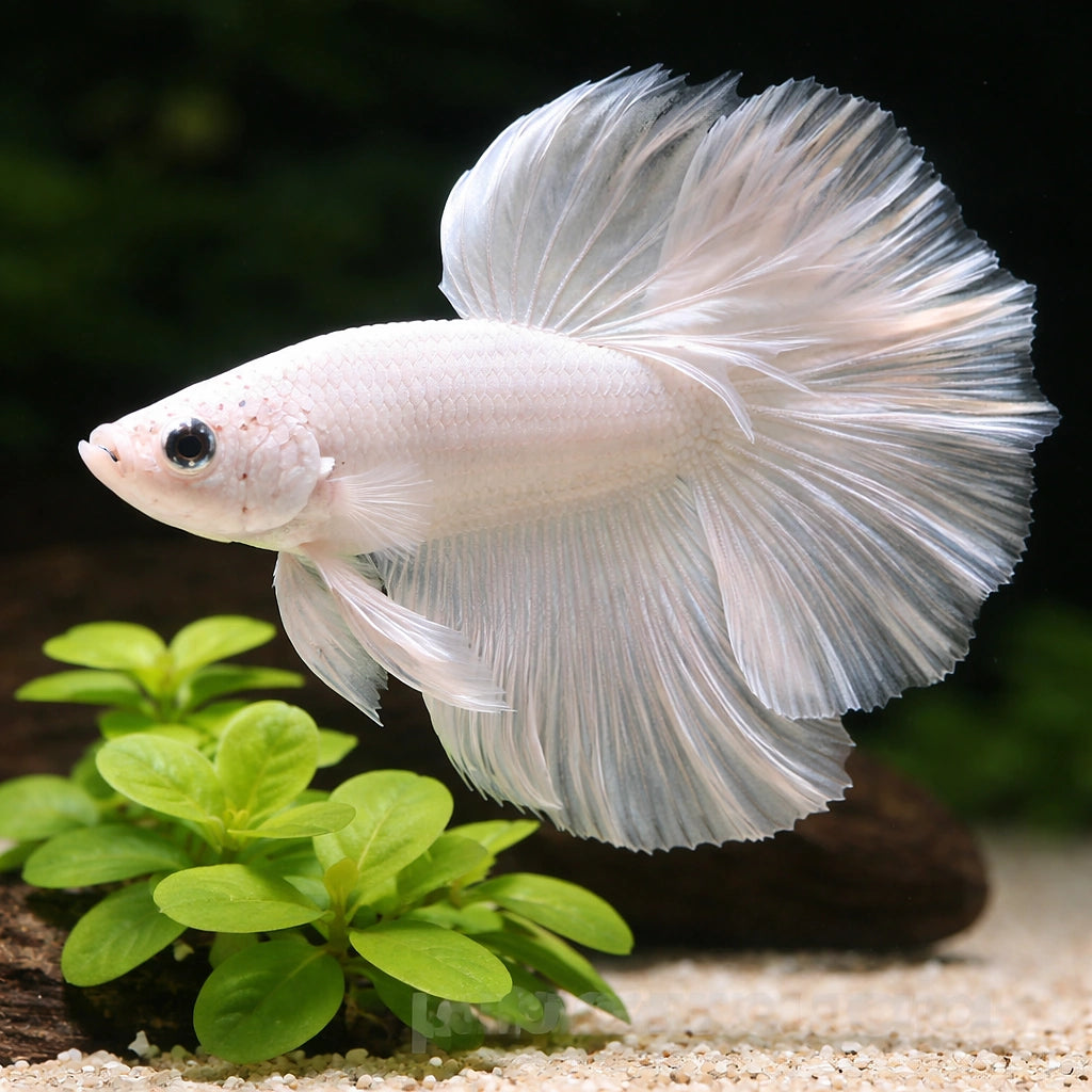 Betta spl. male halfmoon platinum XL — tropical fish for sale UK — AI scale plant view
