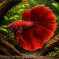Betta spl. male halfmoon red XL — tropical fish for sale UK — AI hero driftwood view