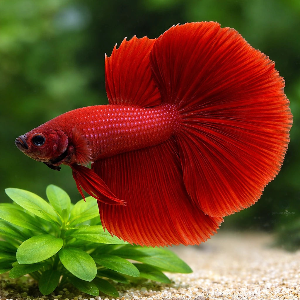 Betta spl. male halfmoon red XL — tropical fish for sale UK — AI scale plant view