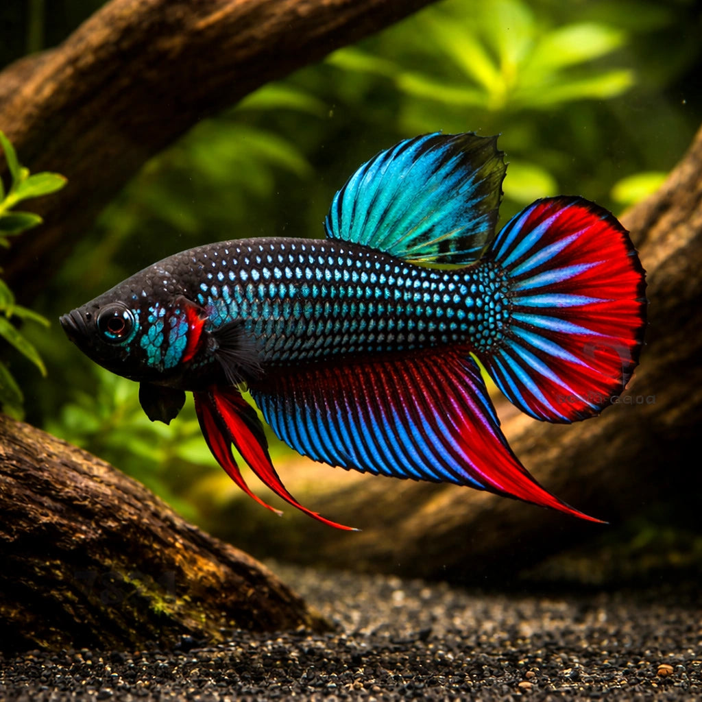 Betta spl. male Imbellis red tail L — tropical fish for sale UK — AI hero driftwood view
