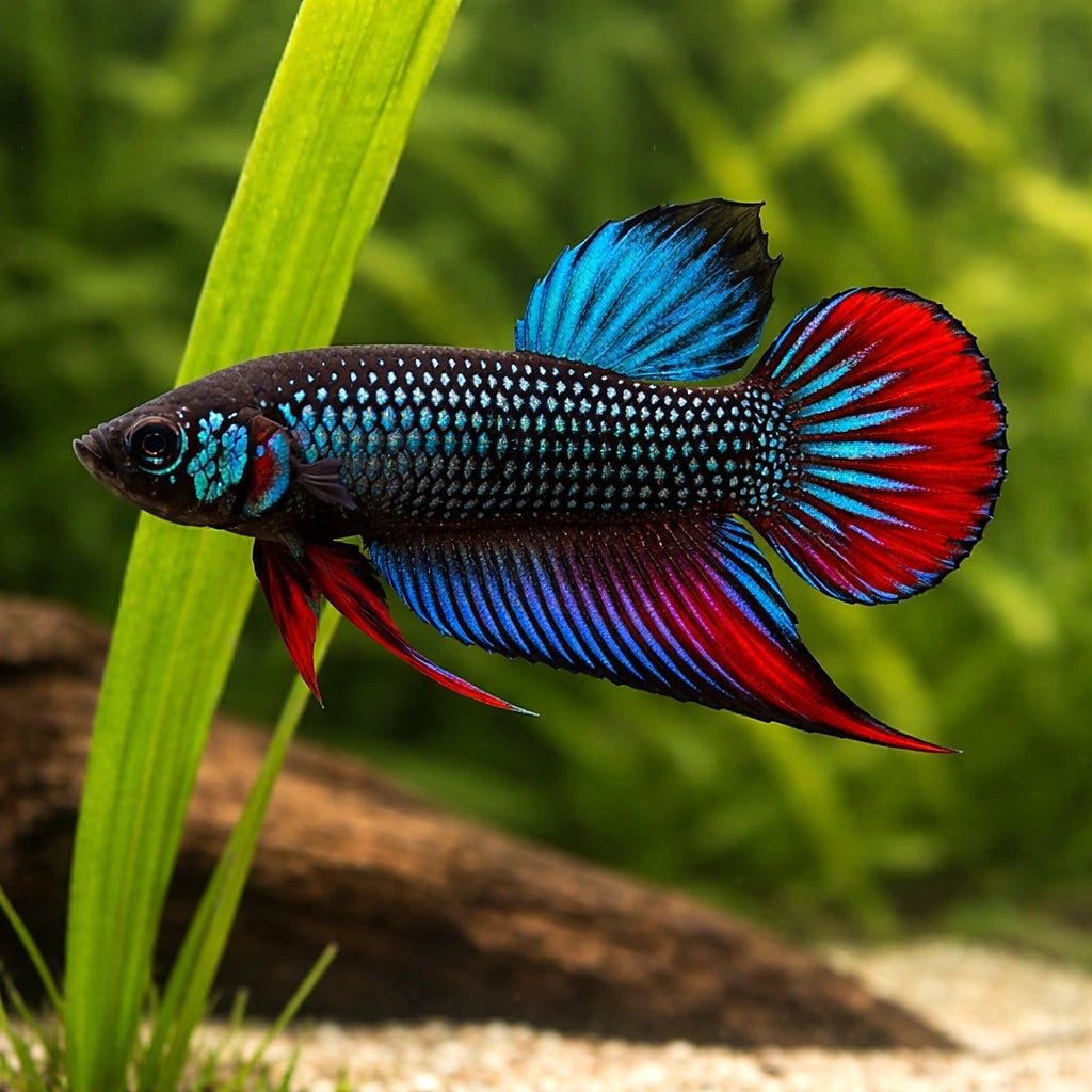 Betta spl. male Imbellis red tail L — tropical fish for sale UK — AI scale plant view