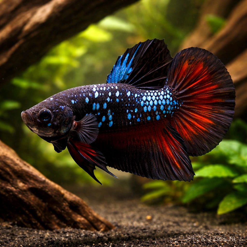 Betta spl. male plakat avatar L — tropical fish for sale UK — AI hero driftwood view